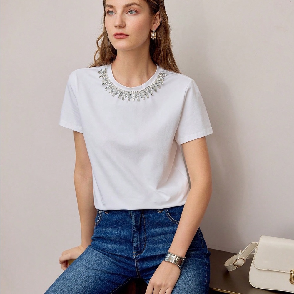 MOTF Crystal Embellished White T-Shirt NWOT